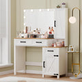 Topcomfy Farmhouse Vanity Desk with 3 Adjustable Light Colors & Power Outlet, White Makeup Vanity Table with Sliding Jewelry Cabinet, Built-in Lipstick Organizer, 3 Drawers & Shelves for the Bedroom