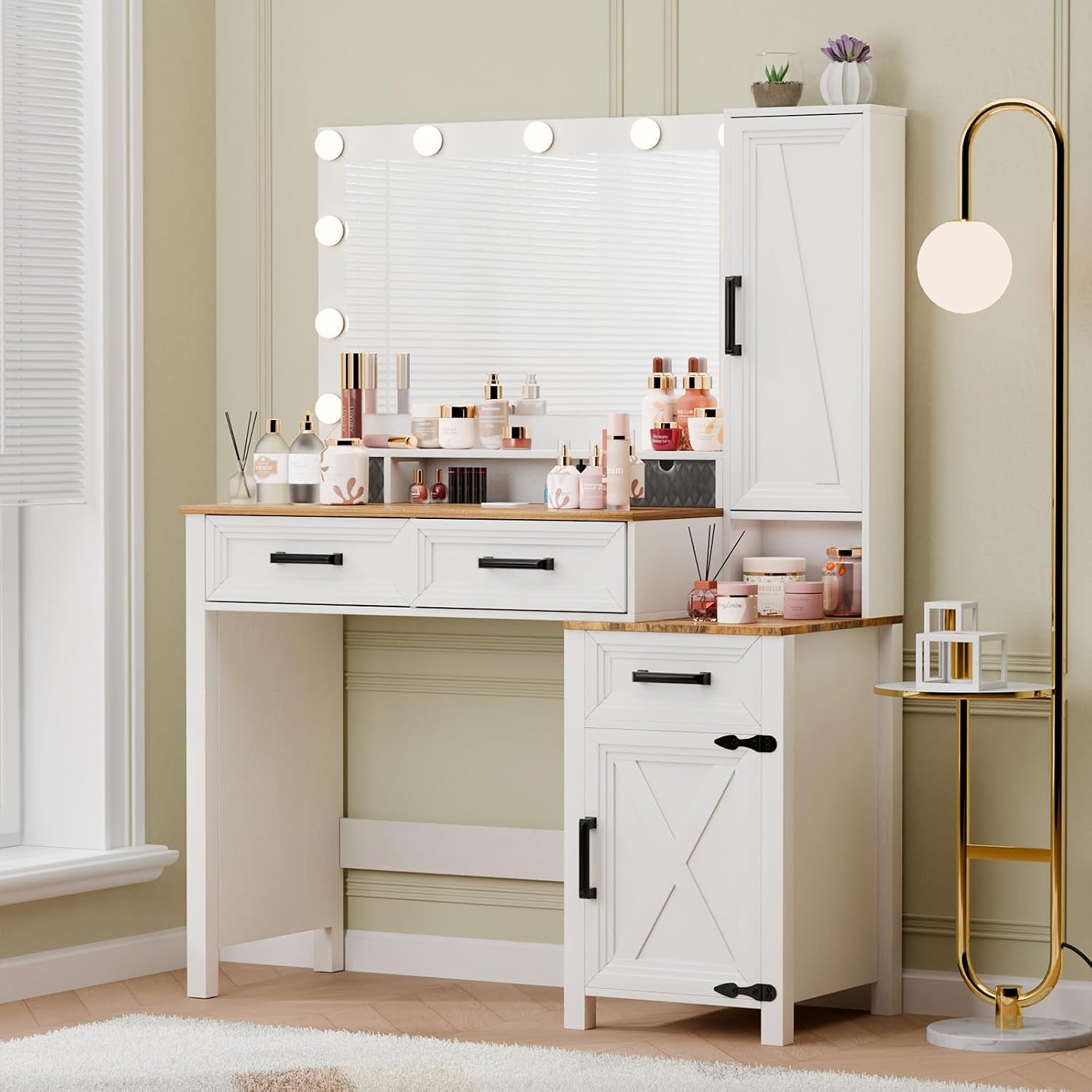 Topcomfy Farmhouse Vanity Desk with 3 Adjustable Light Colors & Power Outlet, White Makeup Vanity Table with Sliding Jewelry Cabinet, Built-in Lipstick Organizer, 3 Drawers & Shelves for the Bedroom