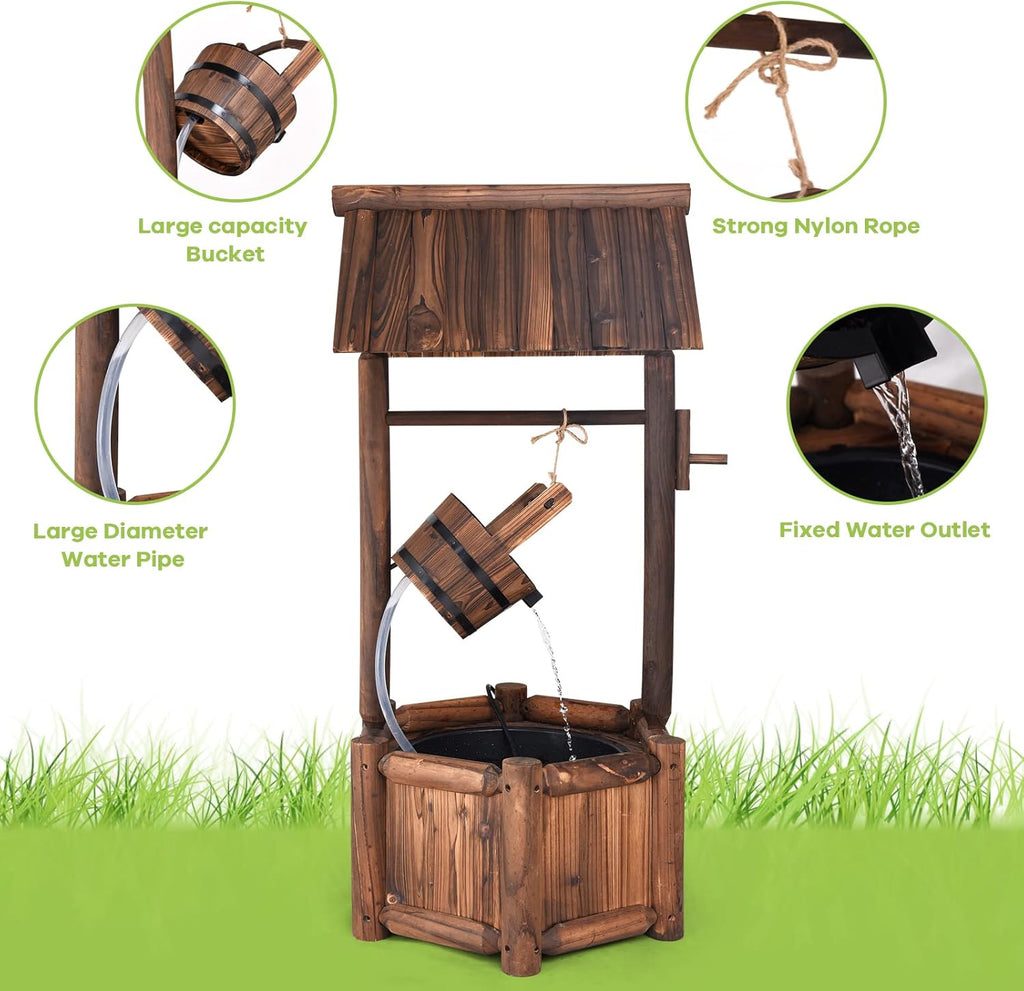 S AFSTAR Wishing Well Water Fountain, Rustic Wood Outdoor Waterfall Fountain with UL Certificated, Garden Wishing Well, Electric Pump Wishing Wells for Outdoor Yard Garden Backyard Decoration
