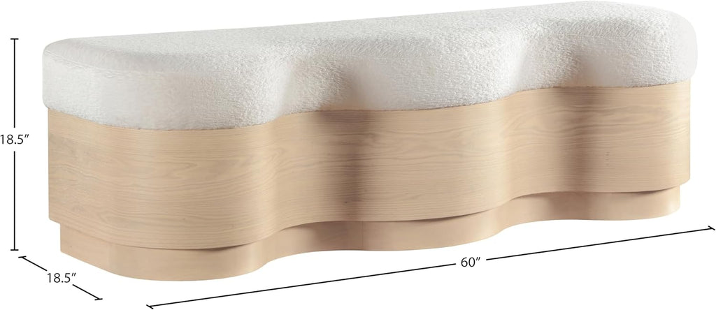 Meridian Furniture 22080Cream Savoy Collection Art Deco Bench with Soft Cream Velour Fur Fabric, Rich Natural Finish, Mix of Solid Wood & MDF, 60' W x 18.5' D x 18.5' H, Cream