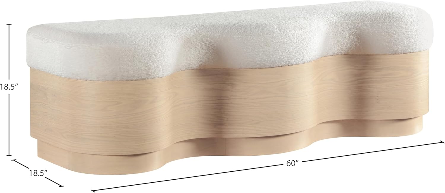 Meridian Furniture 22080Cream Savoy Collection Art Deco Bench with Soft Cream Velour Fur Fabric, Rich Natural Finish, Mix of Solid Wood & MDF, 60' W x 18.5' D x 18.5' H, Cream
