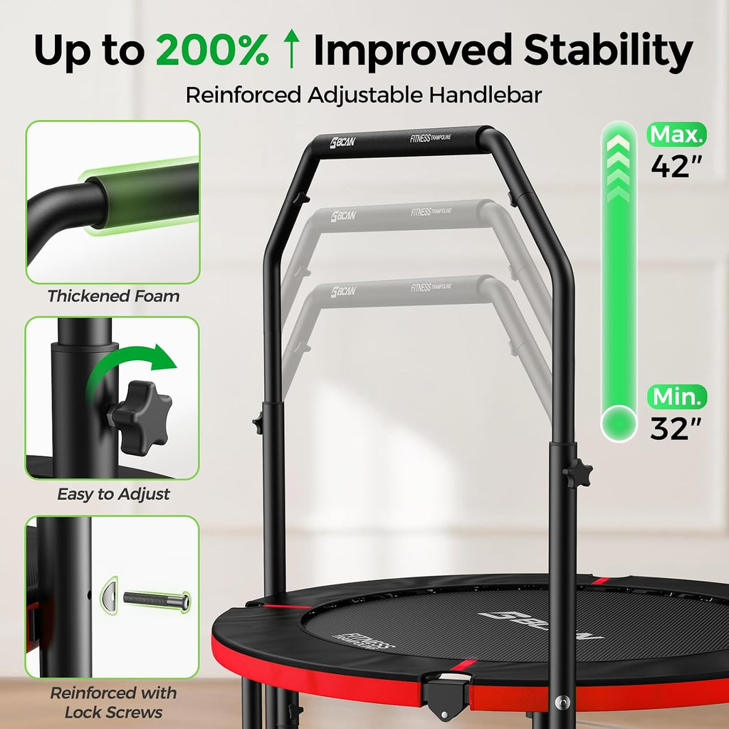 BCAN SP2 40/48' Foldable Mini Trampoline Max Load 330lbs/440lbs, Fitness Rebounder with Adjustable Foam Handle, Exercise Trampoline for Adults Indoor/Garden Workout | FED Fitness