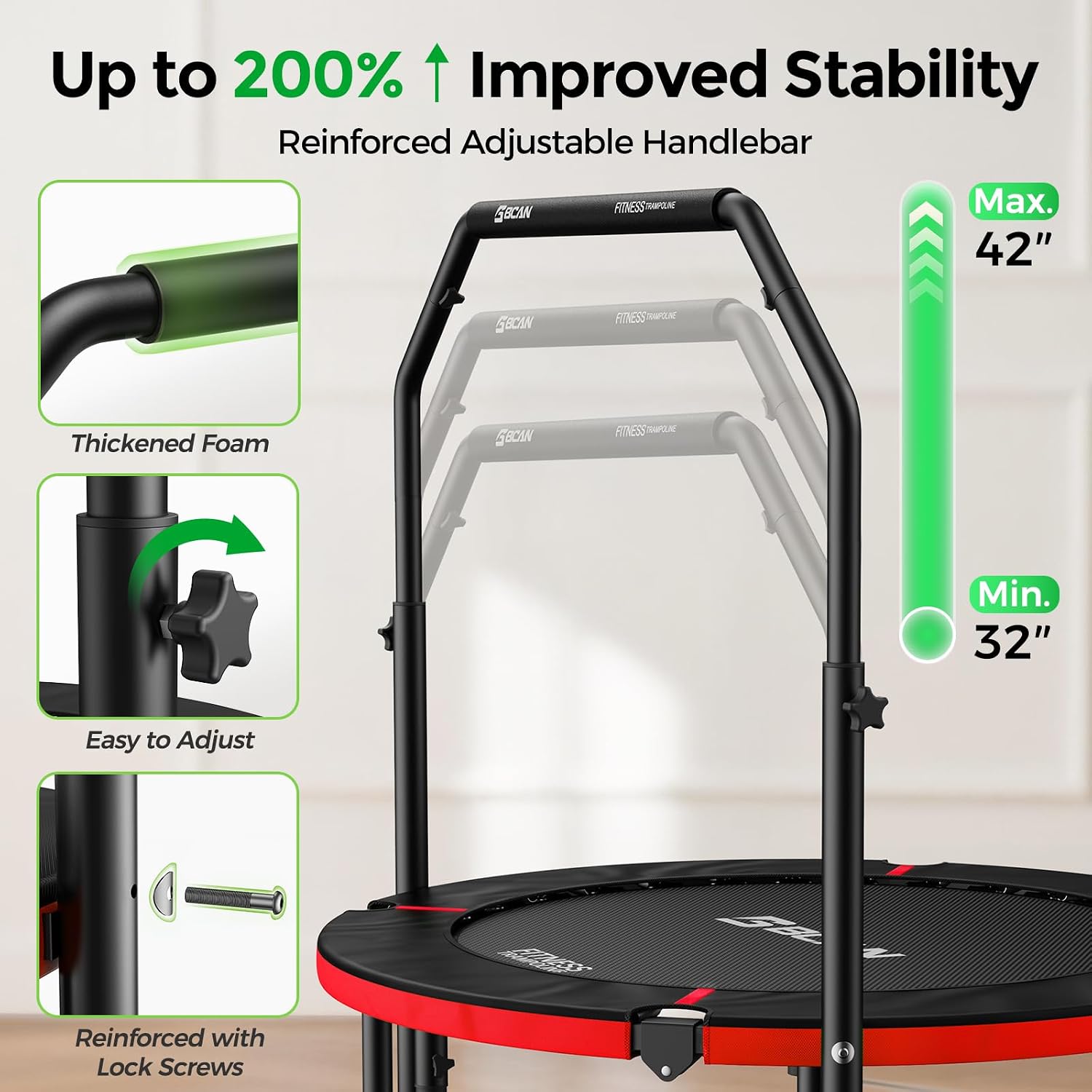 BCAN SP2 40/48' Foldable Mini Trampoline Max Load 330lbs/440lbs, Fitness Rebounder with Adjustable Foam Handle, Exercise Trampoline for Adults Indoor/Garden Workout | FED Fitness