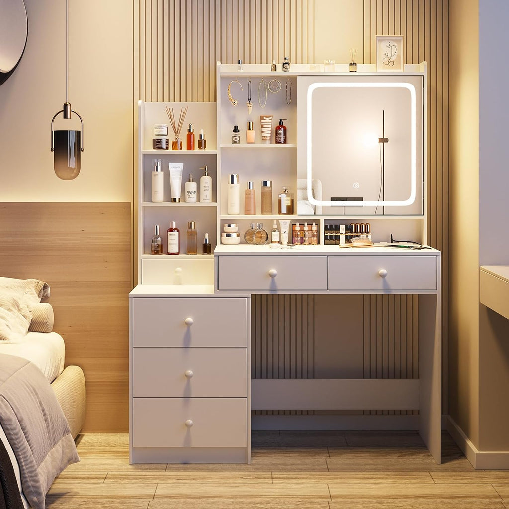 Vabches Vanity Desk with Mirror and Lights, Makeup Vanity with 6 Drawers and Shelves, Dressing Table with Power Outlet, Makeup Desk with Led Lighted Mirror in 3 Colors, for Bedroom, White