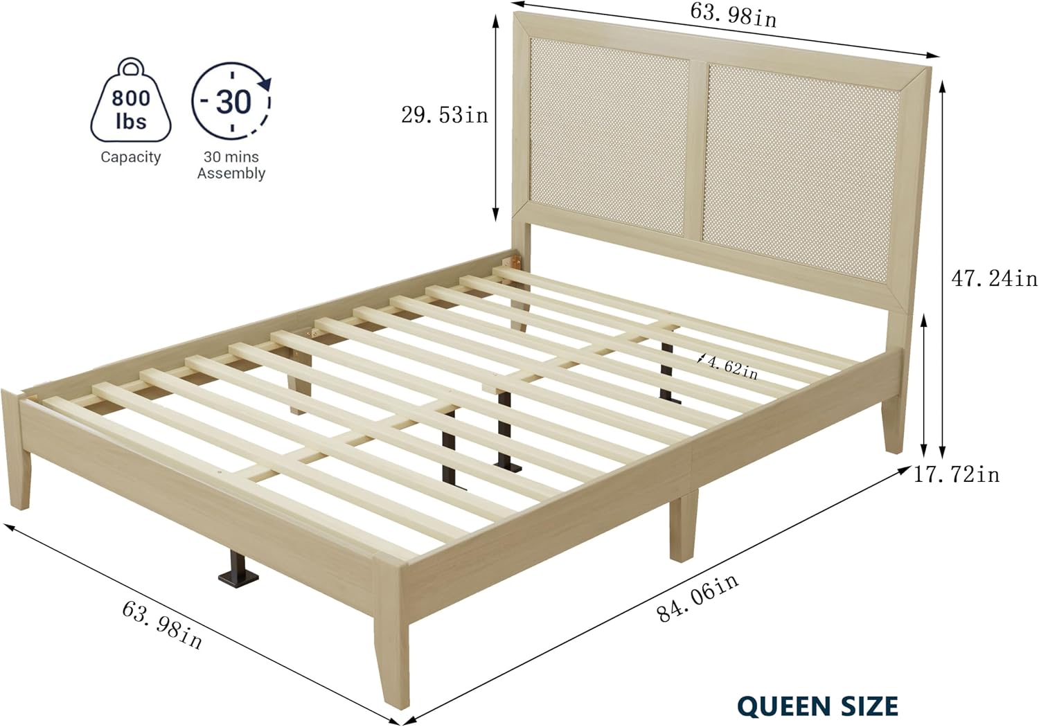 Christopher Knight Home Eudoca Natural Farmhouse Wooden Queen Bed Frame with Woven Rattan Headboard, Rubberwood Platform Bed Frame Queen Size, Rectangular Queen Size Bed Frame, No Box Spring Needed