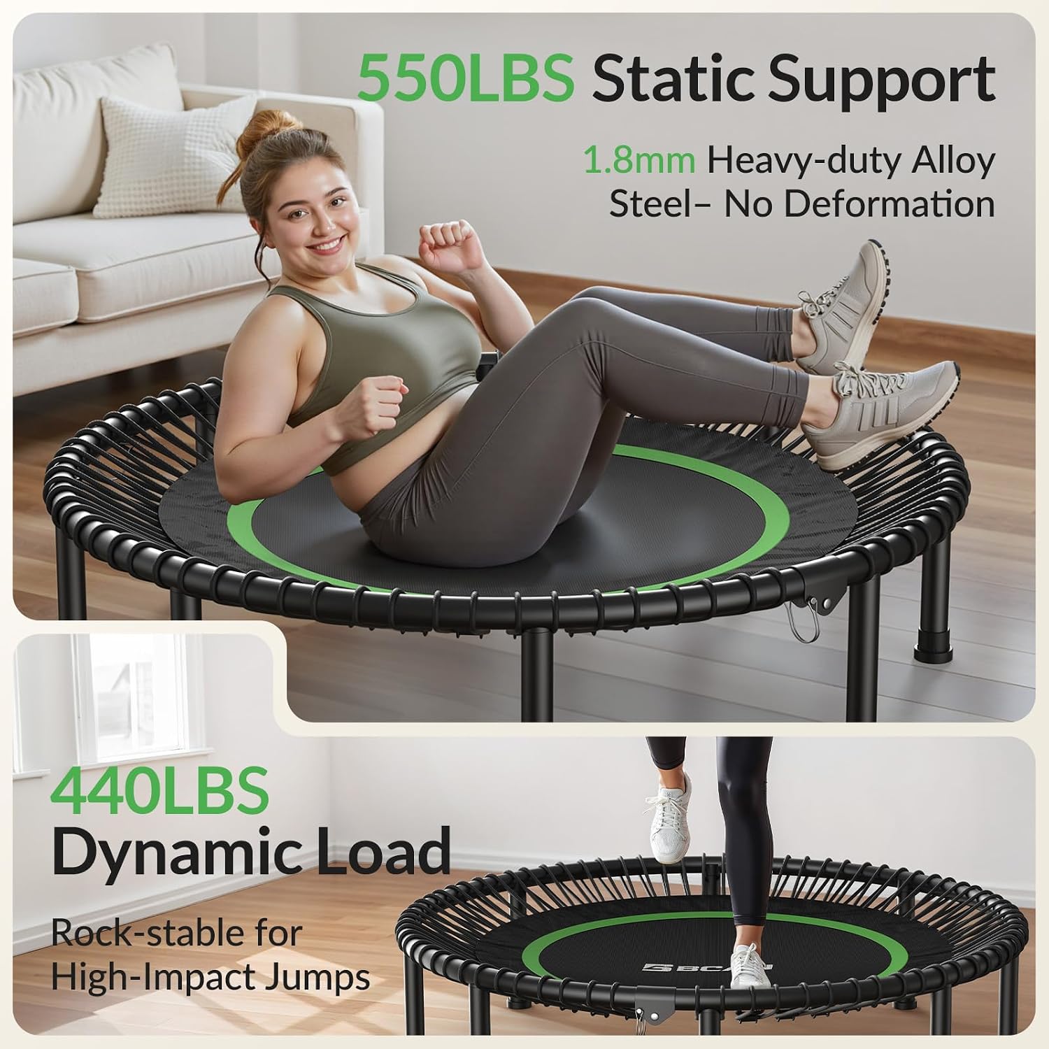 BCAN 450/550LBS Mini Rebounder Trampoline for Adults, 40'/48' Foldable Fitness Trampoline with Bungees, Quiet & Stable Exercise Trampoline Indoor/Home/Garden (BT2, Without Handle)