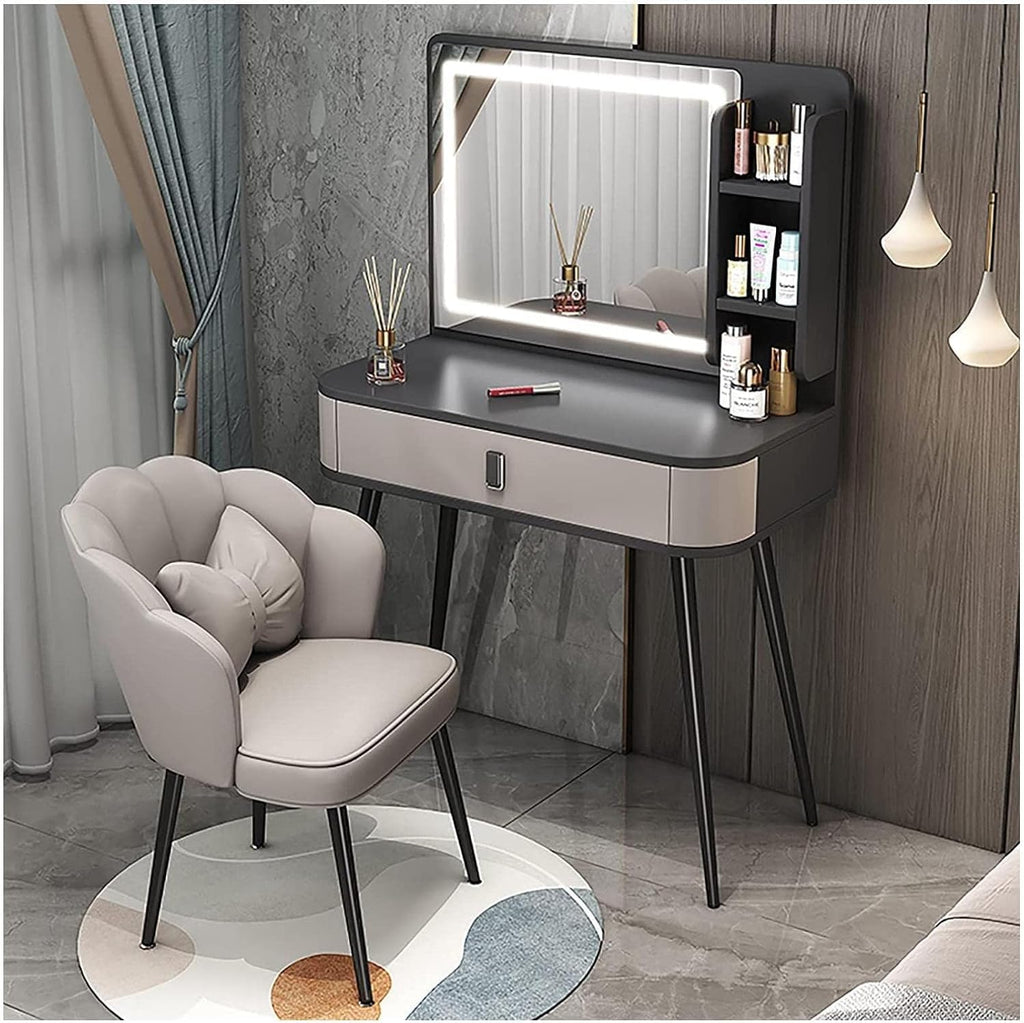 Rieort Vanity Desk MDF Vanity Table Set with Flip Top Lighted Mirror Makeup Table Cushioned Stool Home Nightstand Vanity Benches