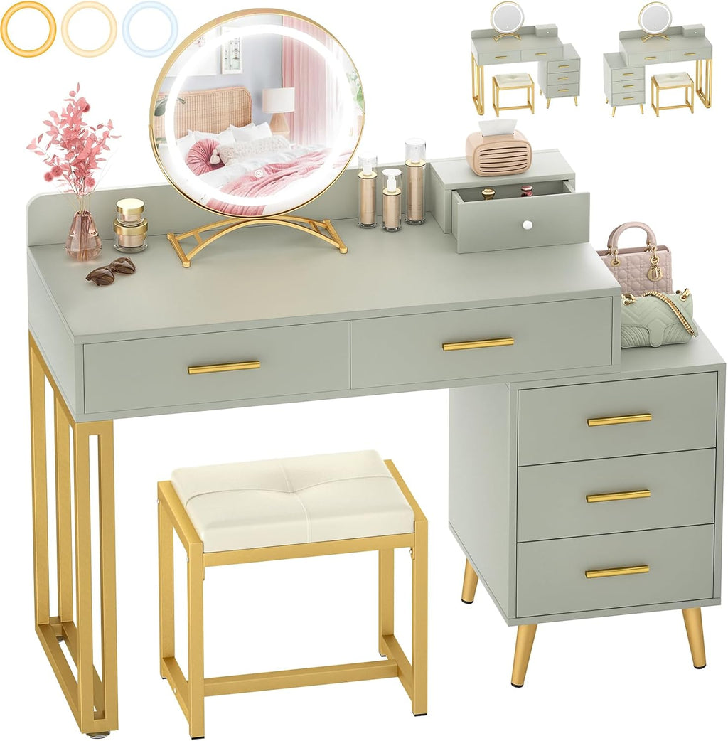 Armocity Vanity Desk with Mirror and Lights, Modern Makeup Vanity Table Set with 6 Storage Drawers and Cushioned Stool for Bedroom, Dressing Table with Divided Organizers for Women Girls, Cyan