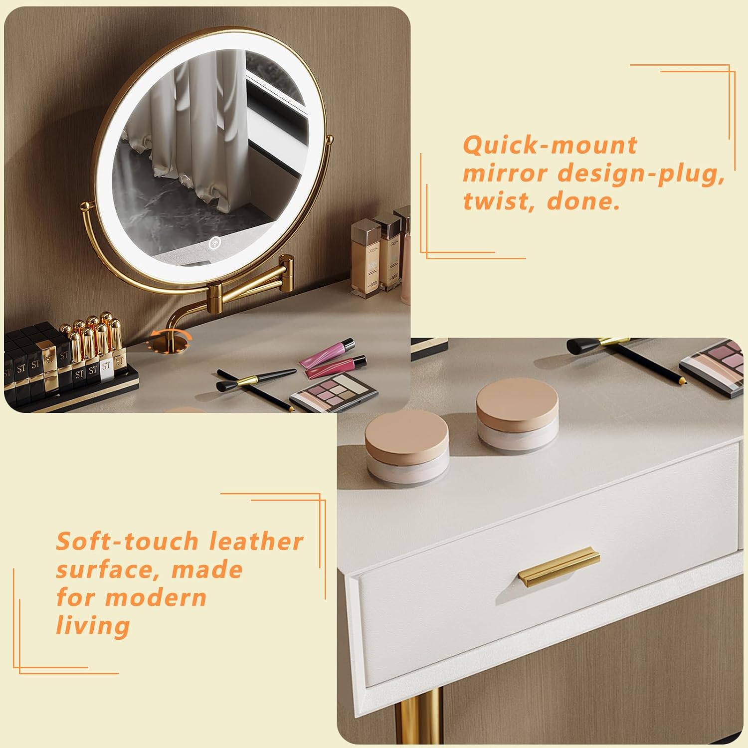 Vanity Desk with Adjustable Mirror and Lights, Makeup Desk with Drawers and Chair, Dressing Table Set with Leather Surface, Small Vanity Table for Bedroom, 3 Lighting Modes (Beige)