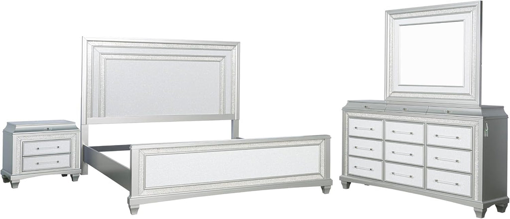 Furniture of America Silvia Glam Solid Wood 4-Piece Bedroom Set with Layered Frame Bed, Faux Crystal Trim LED on Nightstand and Dresser with Mirror, Box Spring Needed for Bedroom, King, Silver