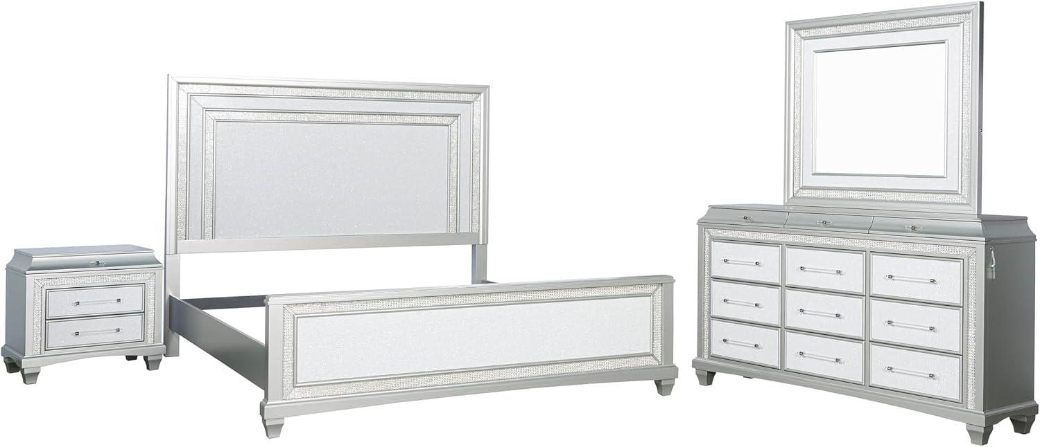 Furniture of America Silvia Glam Solid Wood 4-Piece Bedroom Set with Layered Frame Bed, Faux Crystal Trim LED on Nightstand and Dresser with Mirror, Box Spring Needed for Bedroom, King, Silver