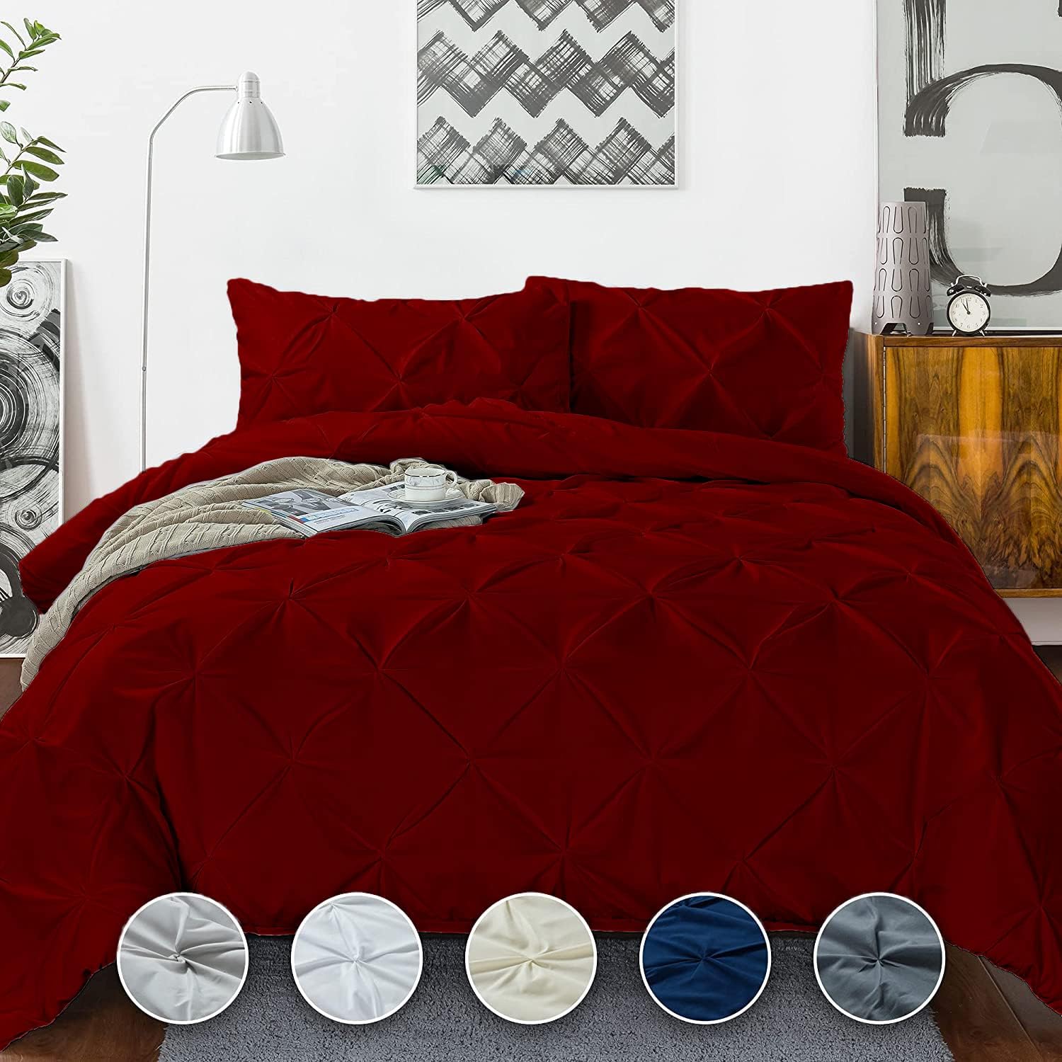 Crown Collection Luxuriate Hotel 1000-TC Hypoallergenic Ultra Soft Design 100% Egyptian Cotton Pinch Plated Duvet Cover with Zipper Colser & 2pcs Pillow Case Set (Super King Plus 120X120, Burgundy)