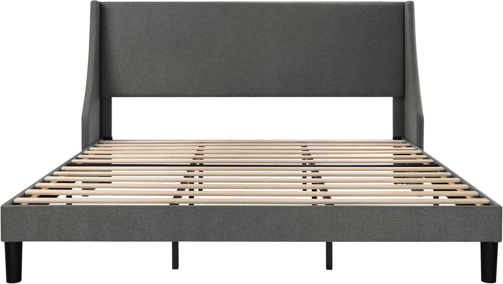 SHA CERLIN Upholstered Bed Frame King Size with Streamlined Wingback Headboard, Breathable Linen Fabric, Solid Wooden Slats, Easy Assembly, Dark Grey