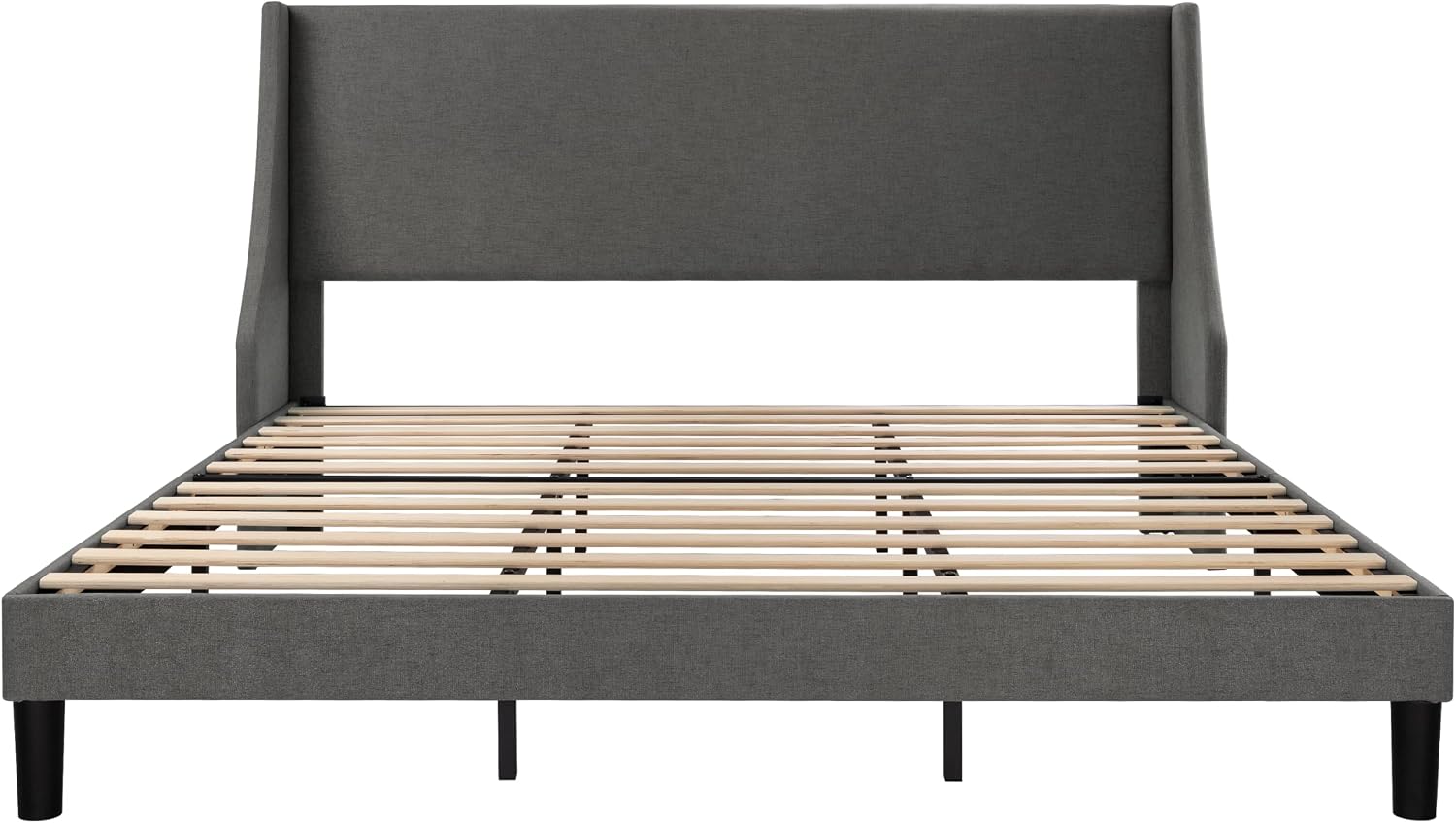 SHA CERLIN Upholstered Bed Frame King Size with Streamlined Wingback Headboard, Breathable Linen Fabric, Solid Wooden Slats, Easy Assembly, Dark Grey