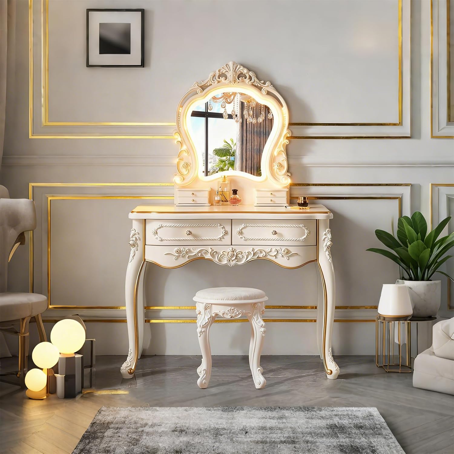 Mid Century Vanity Table with Mirror and Stool, Makeup Vanity Desk with Lights and Drawers for Jewelry & Cosmetics, Vintage European Vanities & Vanity Benches for Bedroom,Widths: 43.3'