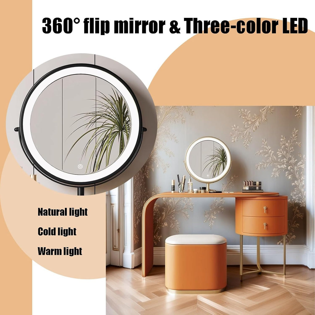 Makeup Vanity Desk with Mirror & Lights,Integrated Dressing Table with Rounded Corners,Pack of Ring Box(Black_120CM)