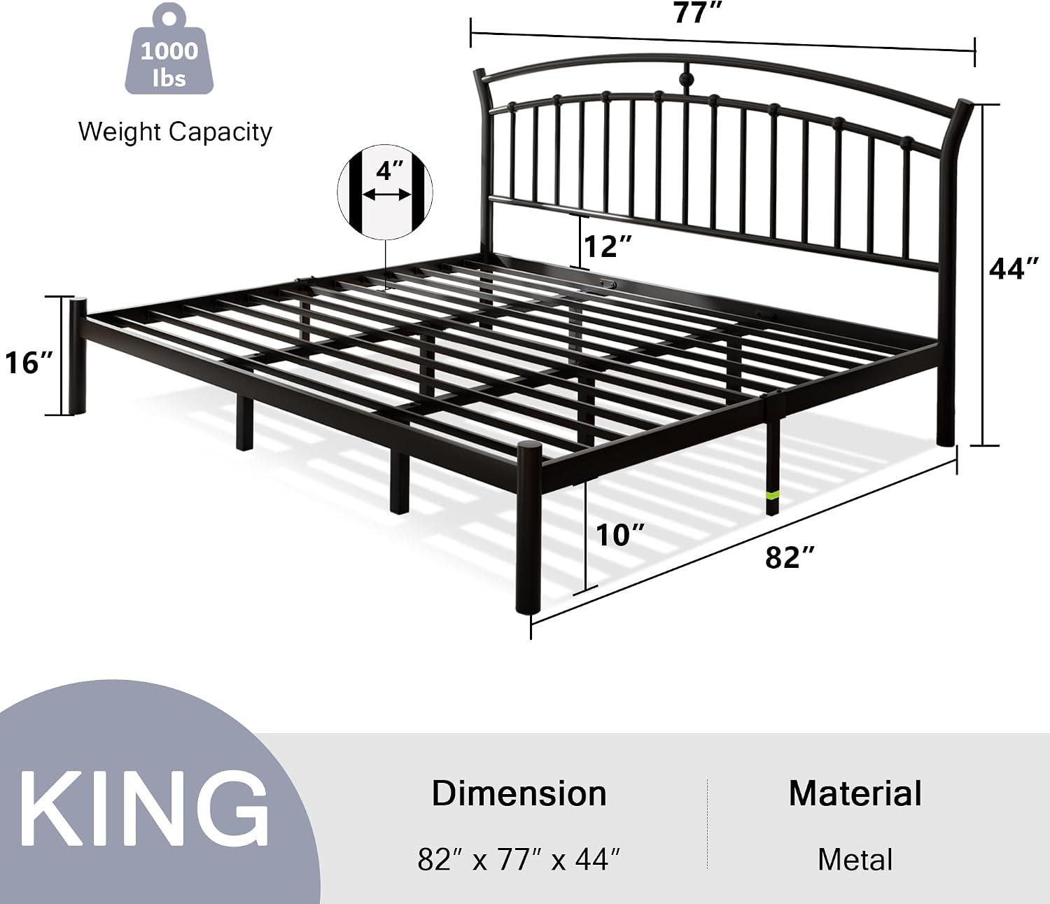 Einhomn King Size Bed Frame, Black Metal Bed Frame with 12' Under-Bed Storage, Heavy Duty Steel Slat Support, Noise-Free, No Box Spring Needed, Easy Assembly