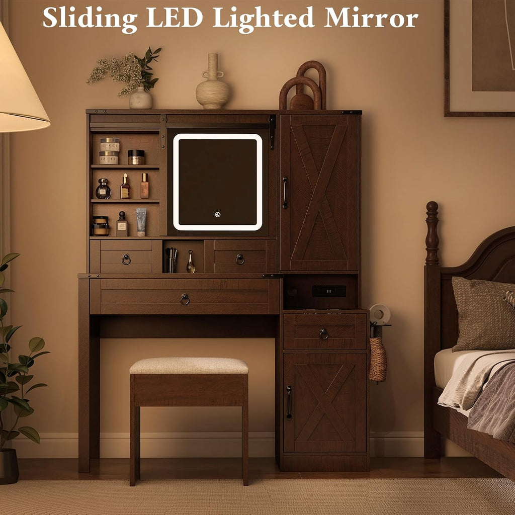 Farmhouse Makeup Vanity Desk with Sliding Mirror and Lights, 42 Wood Vanity Table Set with Glass Top, Power Outlets, Jewelry Storage Cabinet, 4 Drawers, Stool for Country Room Decor, Vintage Cocoa