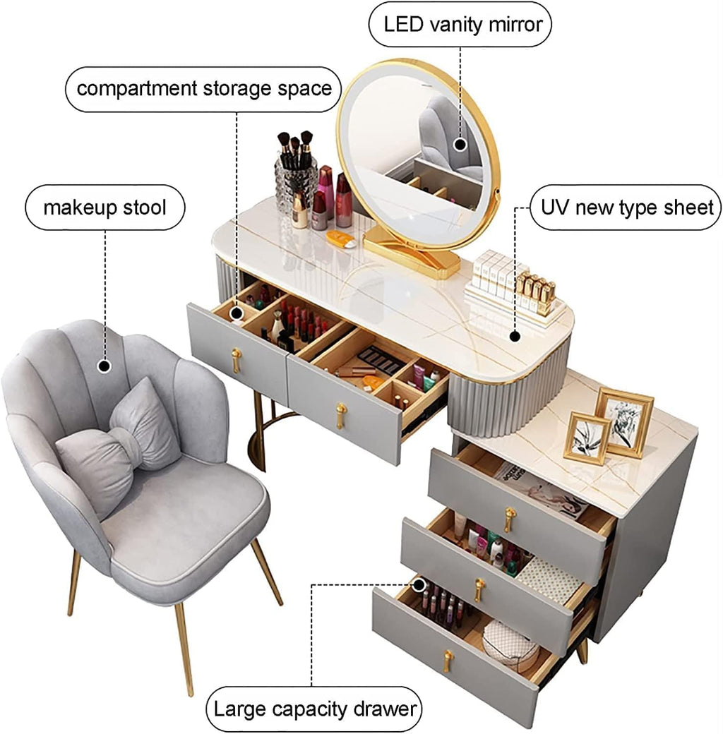 Rieort Vanity Table Led Vanity Mirror Makeup Vanity Set with Cushioned Stool Vanity Benches Stainless Steel Legs Dressing Table