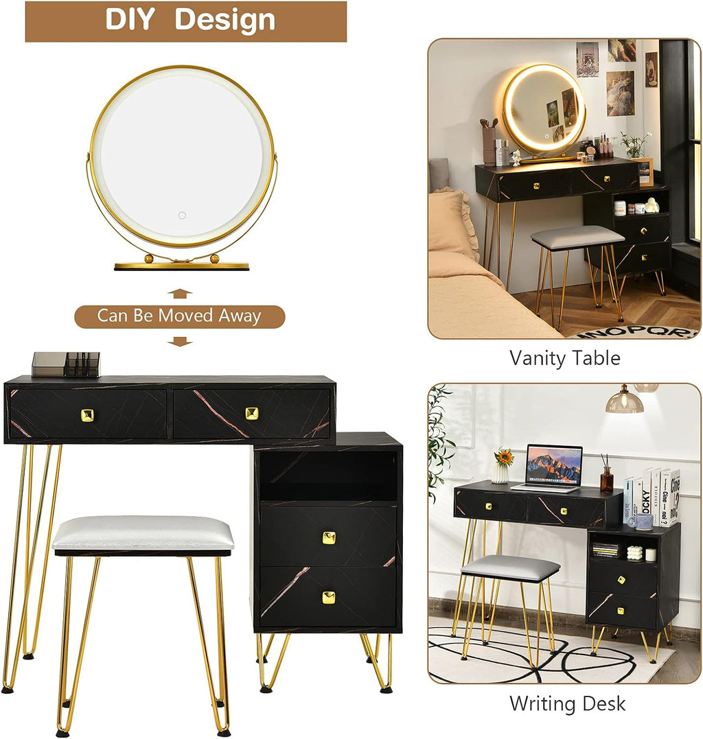 CHARMAID Vanity Desk with Reversible Side Cabinet, Makeup Vanity Table with Lighted Mirror, 3 Color Lights, 4 Drawers, Bedroom Dressing Table with Nightstand and Stool, Marble Black