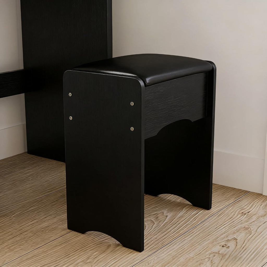 FUFU&GAGA Black Vanity Set with Round Lighted Mirror, Makeup Vanity Bedroom Dressing Table with 5 Drawers, Shelves, Dresser Desk and Cushioned Stool