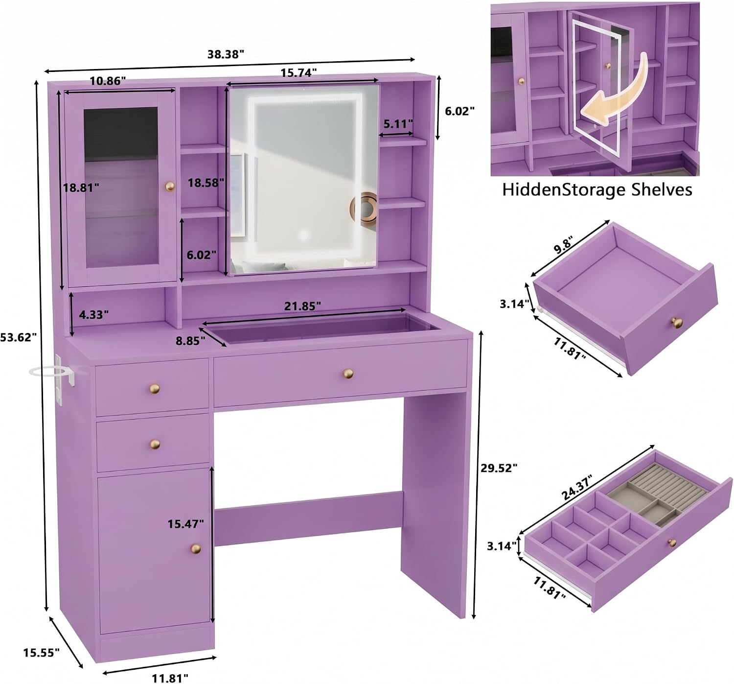 Makeup Vanity Desk with Mirror and Lights, Purple Vanity with Glass Top, Jewelry Storage, Power Outlets, 3 Drawers & 2 Cabinets, Adjustable LED Lighting, Dressing Table for Women & Girls Bedroom