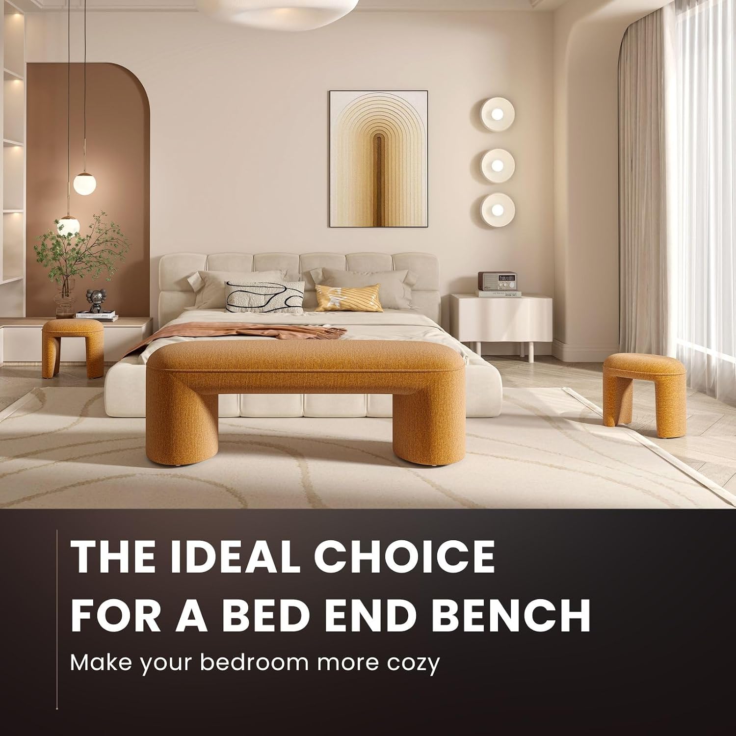 3-Piece Nesting Ottoman Bench Set, 53' Chenille Upholstered End of Bed Bench with 2 Foot Stools, Modern Space-Saving Entry & Vanity Stools for Living Room & Bedroom, Mustard Yellow