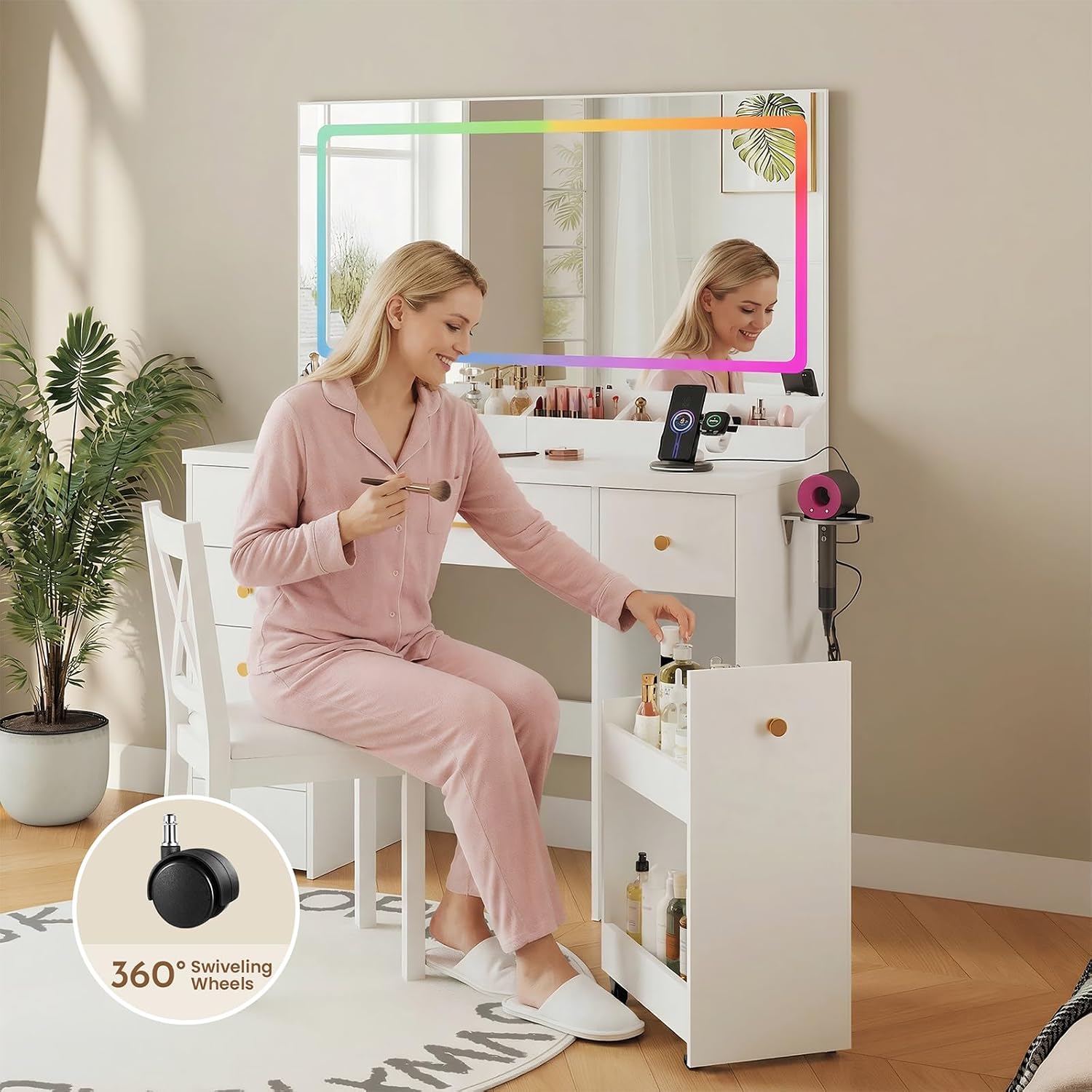 LAKEMID Makeup Vanity Desk with Large Mirror and Lights,43.3in Makeup Vanity with 7 Drawers,Modern Vanity Table with Charging Station,Adjustable RGB Lighting,Dressing Table for Bedroom Women(White)