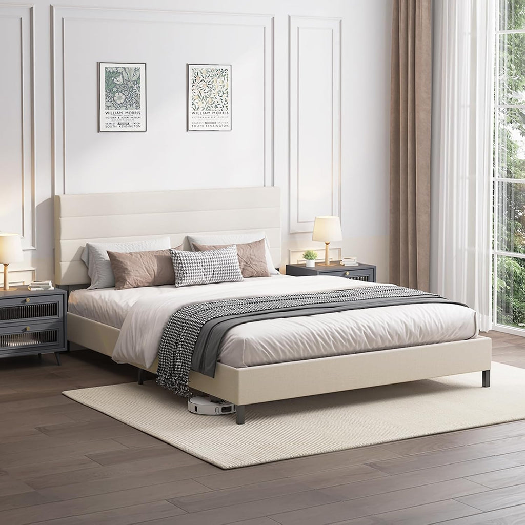 Furnihome Queen Bed Frame, Modern Upholstered Bed Frame with Adjustable Linen Headboard, Wooden Slats Support Platform Queen Size Bed Frames, No Box Spring Needed,Easy Assembly,Beige