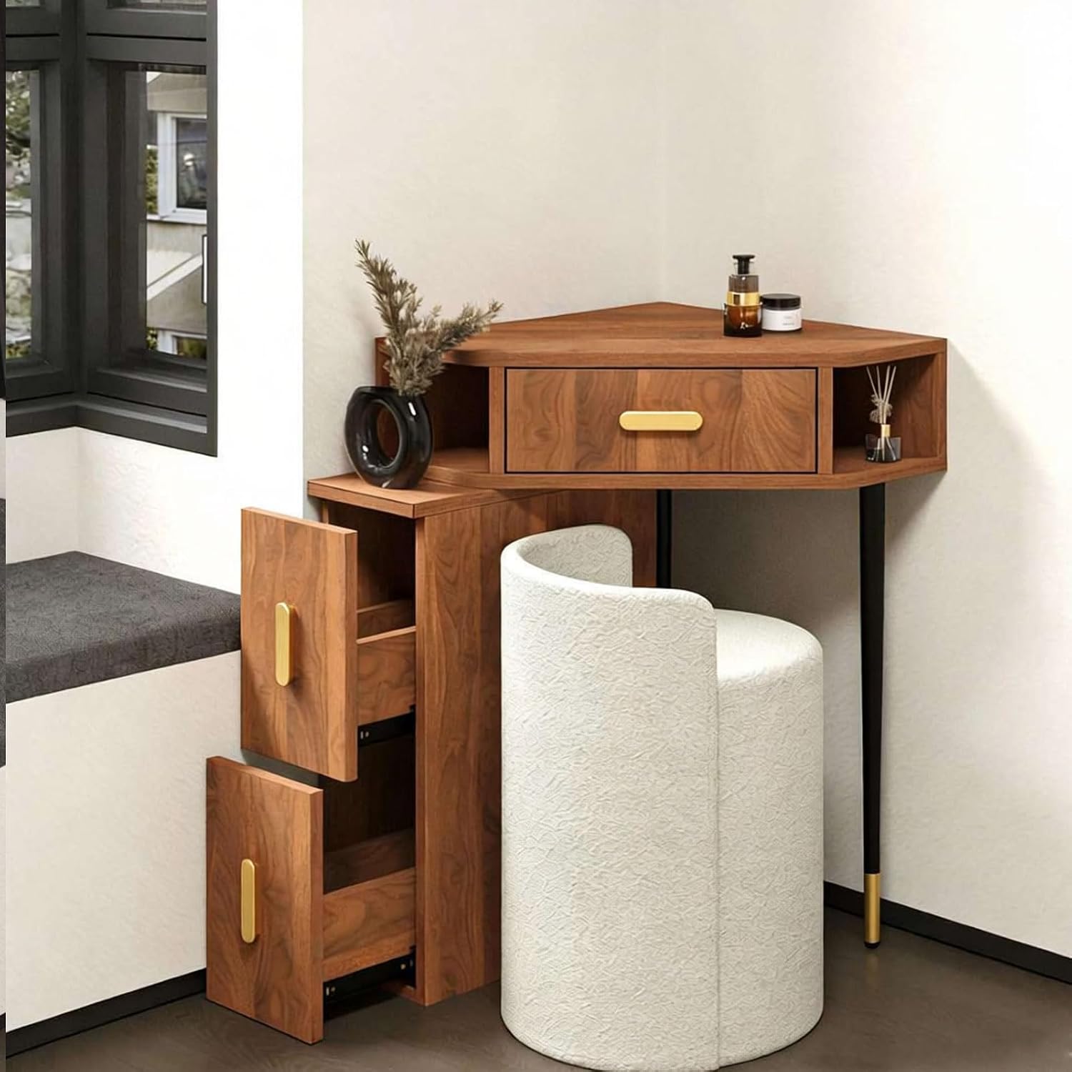 Corner Makeup Vanity Wood with Open Shelf and Drawers Multifunctional Large Storage Cabinet for Cosmetics Organization-B