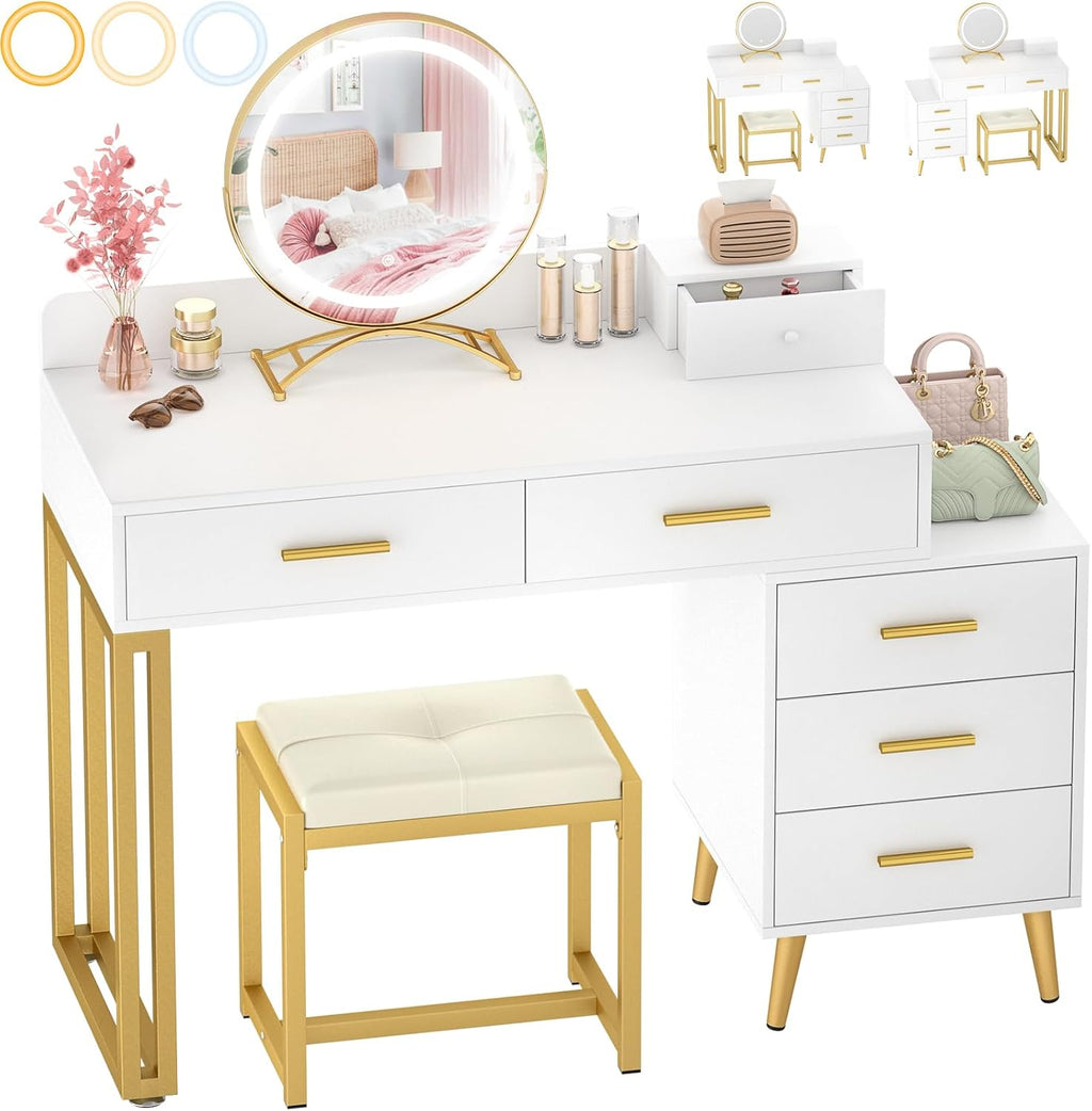 Armocity White Vanity Desk with Mirror and Lights, Modern Makeup Vanity Table Set with 6 Storage Drawers and Cushioned Stool for Bedroom, Dressing Table with Divided Organizers for Women Girls, White