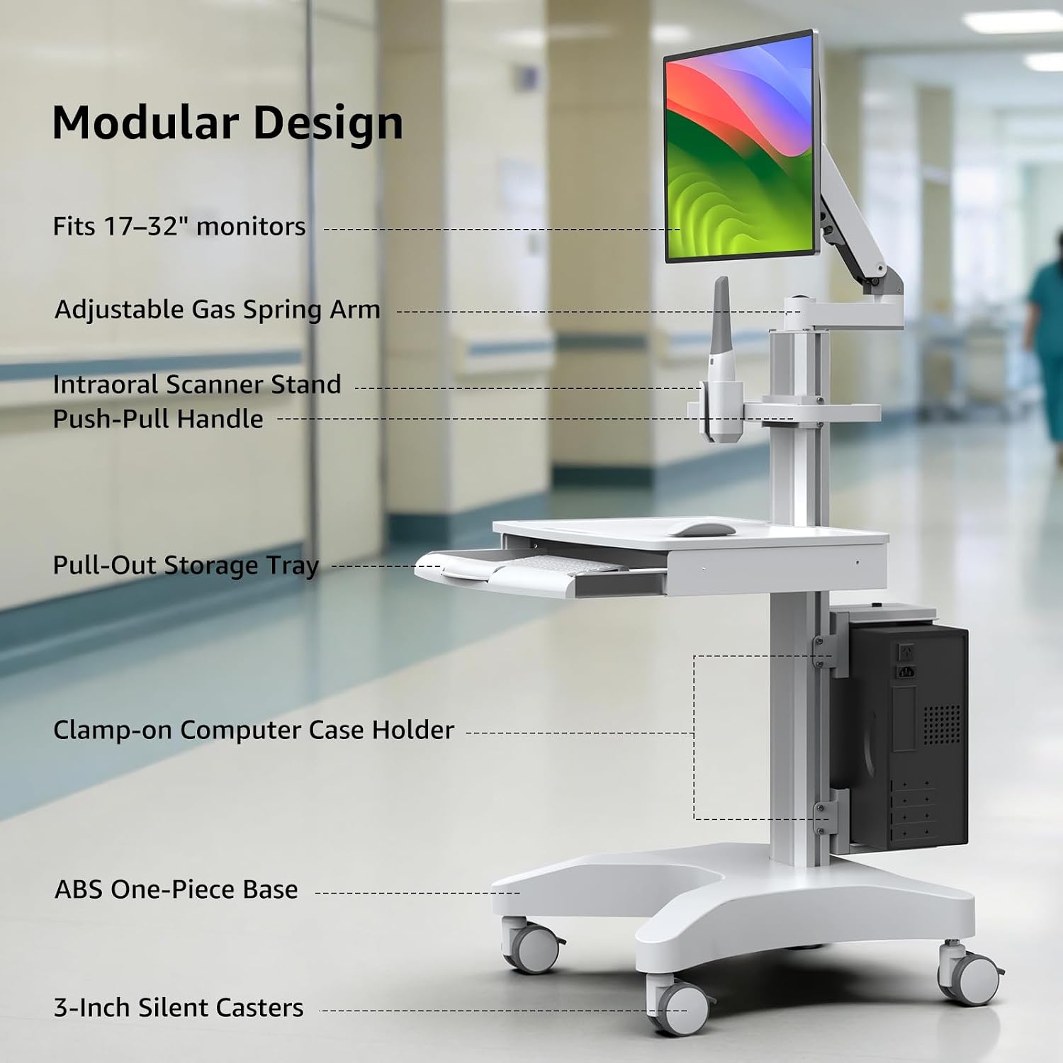 BEWISER Trolley Cart with Monitor Mount & Telescopic Keyboard Tray & Oral Scanner Holder Height Adjustable Mobile Workstation for Office, Lab & Beauty Salons,Factories
