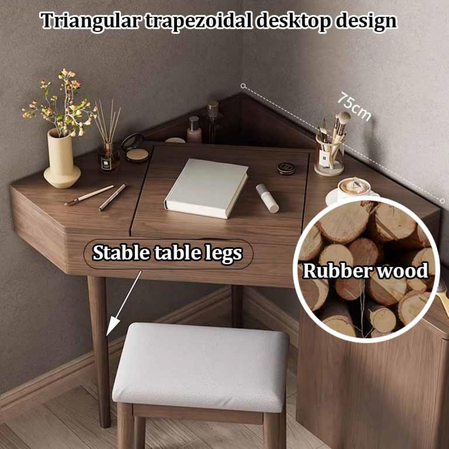 Corner Vanity Desk, Modern Dressing Table with Flip Top Mirror, Compact Vanity with Drawers, Natural Oak Makeup Table for Checkroom Apartment Bedroom Makeup Room(White)