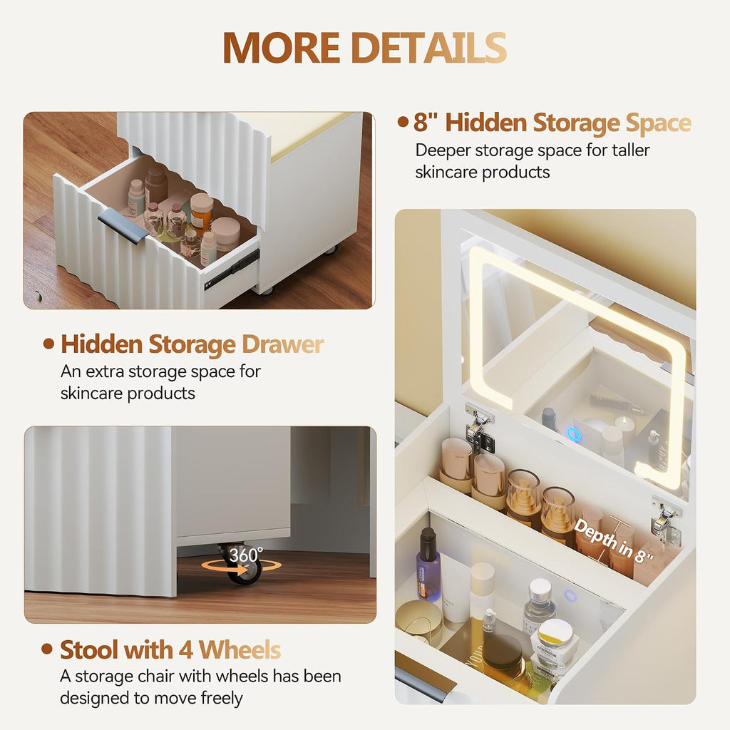 3-in-1 Small Vanity Desk with Flip Top Mirror and Lights,Fluted Compact Makeup Vanity with Storage Stool and Drawers,Mini Vanity Table Set for Bedroom Furniture,White