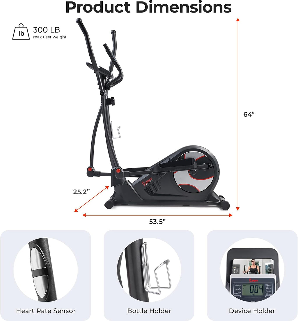 Sunny Health & Fitness Elliptical Machine with Extended Stride, Ultra Quiet 300 lbs Capacity Cross Training Cardio Fully Body Exercise for Home, Sunny Fit App Access, Optional 12' or 16' Stride Length