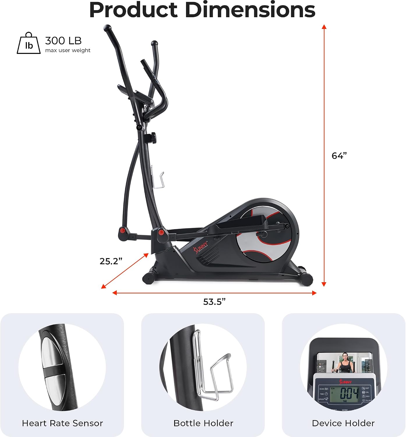 Sunny Health & Fitness Elliptical Machine with Extended Stride, Ultra Quiet 300 lbs Capacity Cross Training Cardio Fully Body Exercise for Home, Sunny Fit App Access, Optional 12' or 16' Stride Length