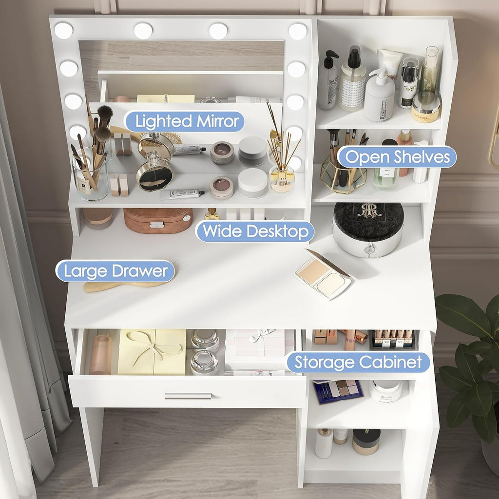 Makeup Vanity Desk with Mirror and Led Lights,Makeup Desk with Lights 3 Colors,Makeup Vanity with 5 Drawers&3 Shelves, Vanity Table with Stool and Power Outlet, Vanity Set for Bedroom,White