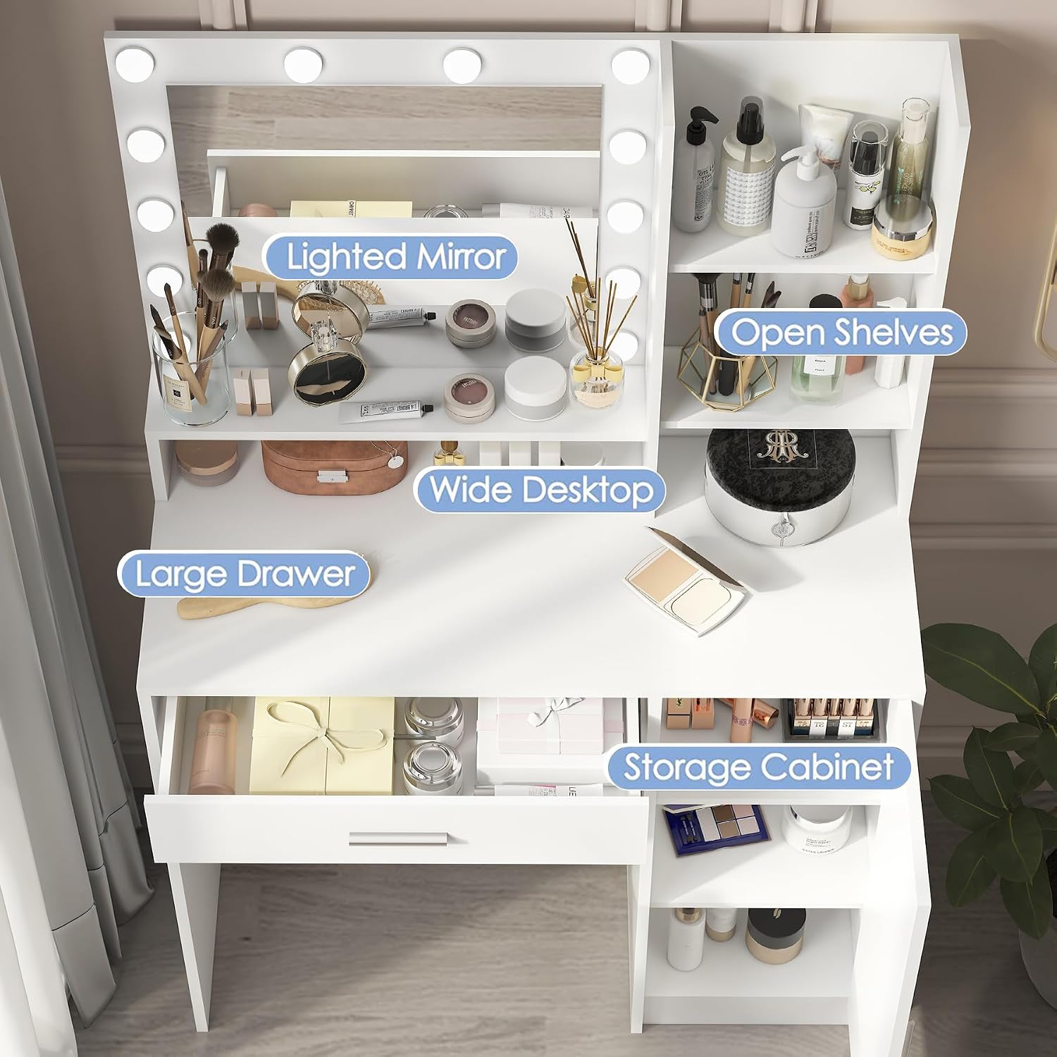 Makeup Vanity Desk with Mirror and Led Lights,Makeup Desk with Lights 3 Colors,Makeup Vanity with 5 Drawers&3 Shelves, Vanity Table with Stool and Power Outlet, Vanity Set for Bedroom,White