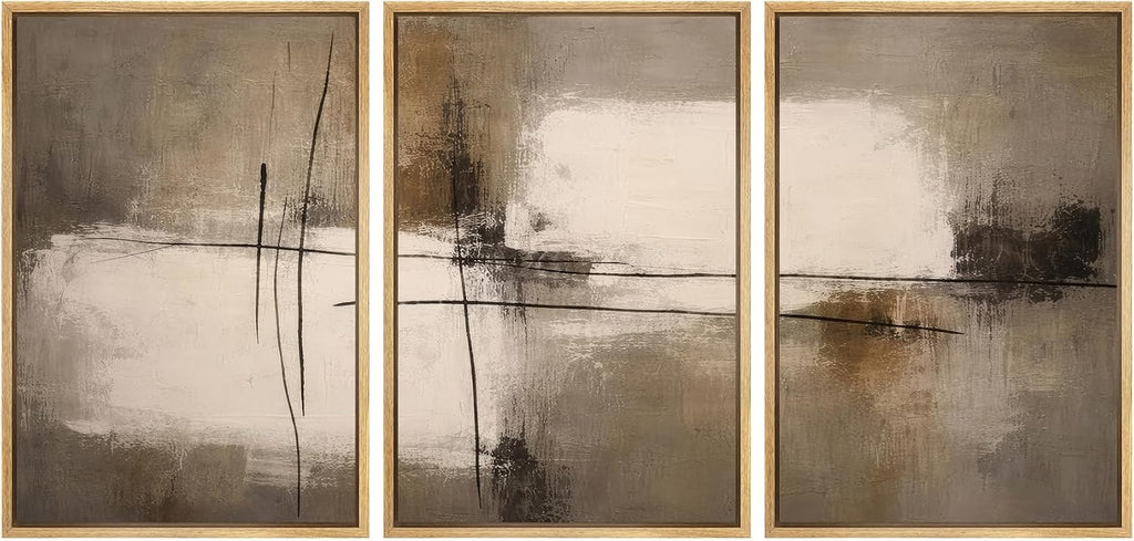 SIGNWIN Framed Canvas Print Wall Art Set Modern Neutral Abstract Lines Minimalist Taupe and Black Geometric Illustrations Modern Art Decorative for Living Room, Bedroom, Office - 16'x24'x3 Natural