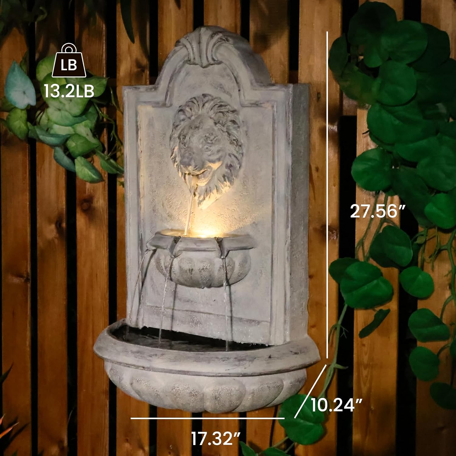 Lion Head Wall Hanging Fountain, 27.5' H Classic Outdoor Wall-Mounted Water Feature, Resin Antique Garden Wall Fountain with LED Light & Water Basin for Patio, Porch, Yard & Courtyard Décor