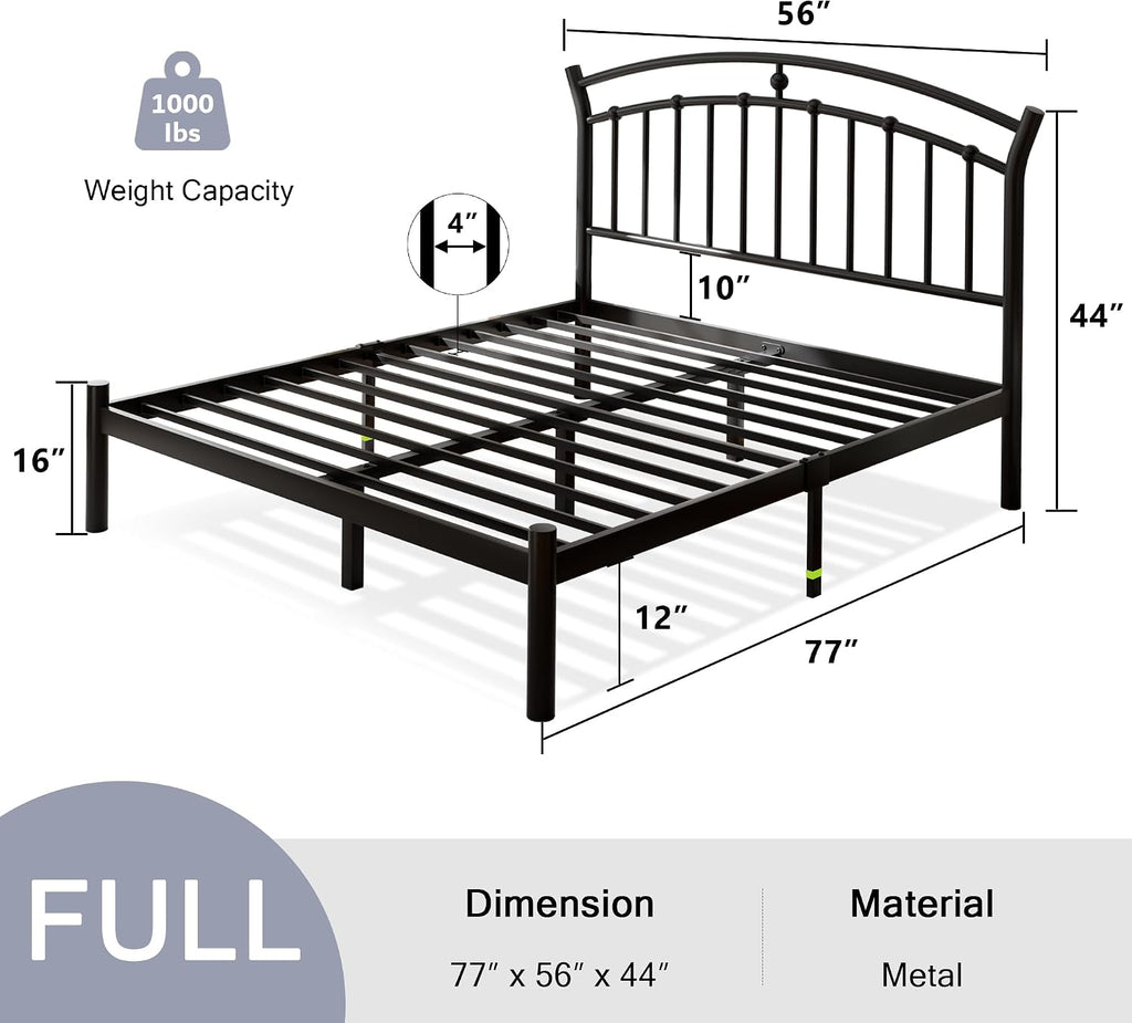 Einhomn Full Size Bed Frame, Black Metal Bed Frame with 12' Under-Bed Storage, Heavy Duty Steel Slat Support, No Box Spring Needed, Noise-Free, Easy Assembly