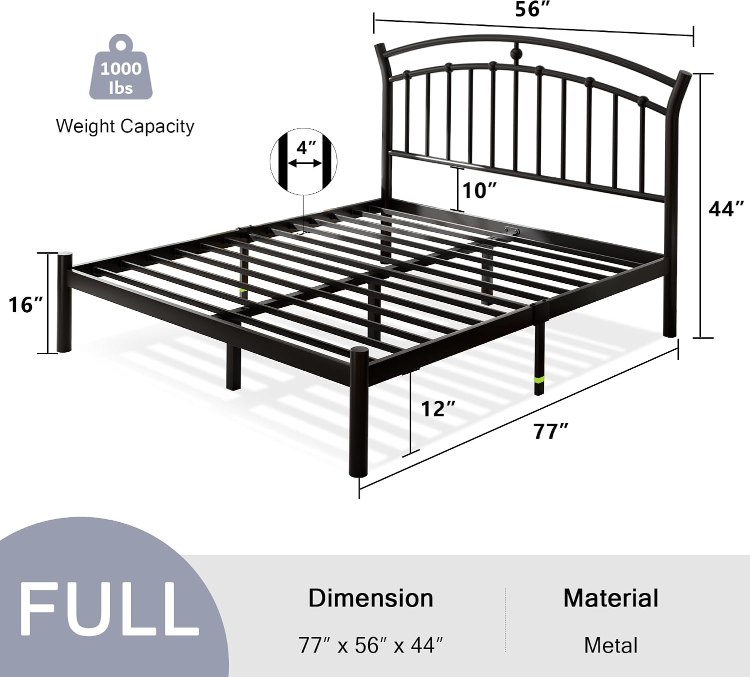 Einhomn Full Size Bed Frame, Black Metal Bed Frame with 12' Under-Bed Storage, Heavy Duty Steel Slat Support, No Box Spring Needed, Noise-Free, Easy Assembly
