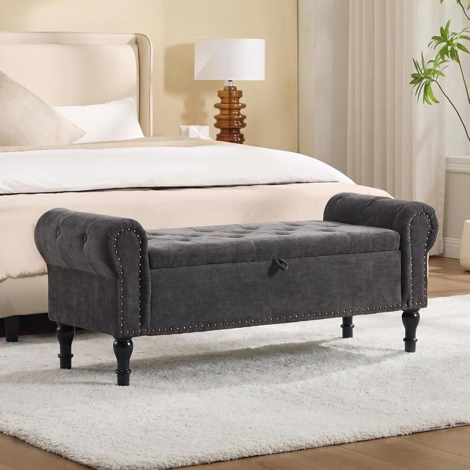 51' Storage Bench for Bedroom, Chenille End of Bed Bench, Queen Size Bench with Rolled Arms, Tufted Storage Ottoman Benches, Upholstered Bench for Bedroom, Living Room, Entryway, Dark Grey