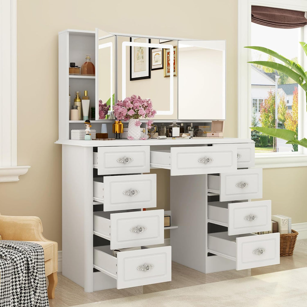 ECACAD Modern Makeup Vanity Desk with Lighted Mirror, Vanity Table Dressing Table with 9 Drawers, Hidden Shelves & Foldable Mirror, 3 Color Lighting Modes, Brightness Adjustable, White