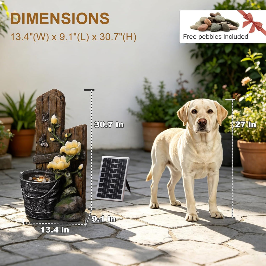 30.7' H Solar Water Fountain Outdoor Garden, Rustic Tiered Magnolia Flower & Bucket Waterfall with 4000mAh Battery Backup, Warm LED Lights & 5W Solar Panel for Patio, Porch, Backyard and Home Decor