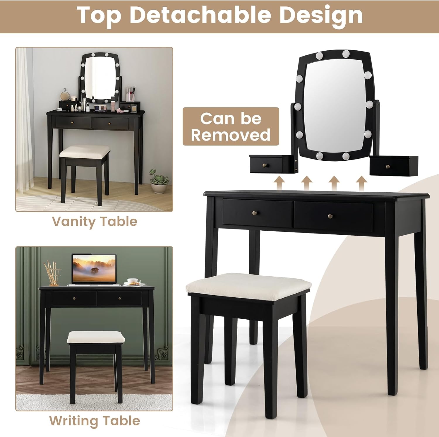 GOFLAME Vanity Table Set with Rotatable Lighted Mirror, 2-in-1 Makeup Table Writing Desk with 3-Color Dimmable LED Lights, 4 Drawers, Dressing Table with Cushioned Stool for Bedroom (Black)
