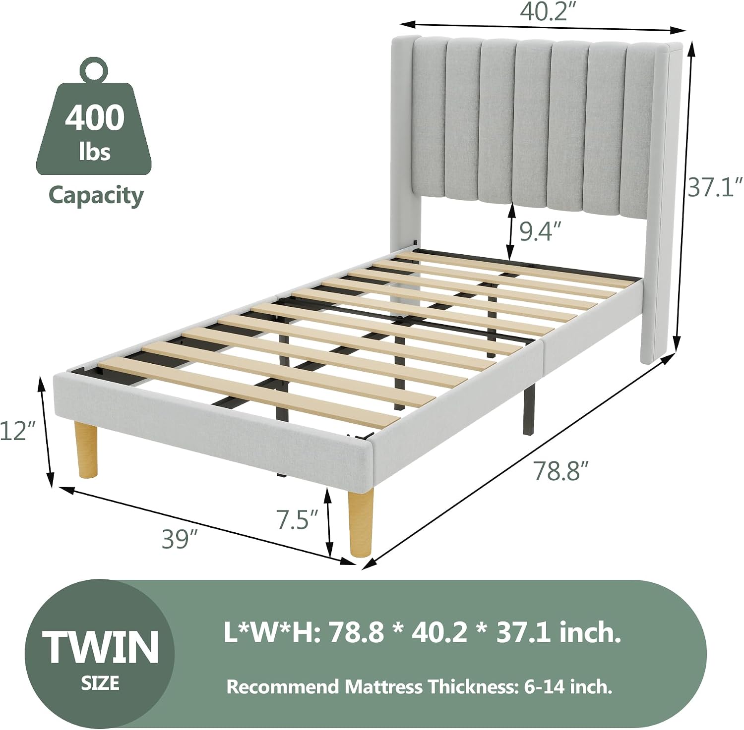 alazyhome Platform Bed Frame Twin Size with Upholstered Headboard, Solid Wood Slats Support, No Box Spring Needed, Noise Free, Easy Assembly, Modern Fabric Bed, Light Grey