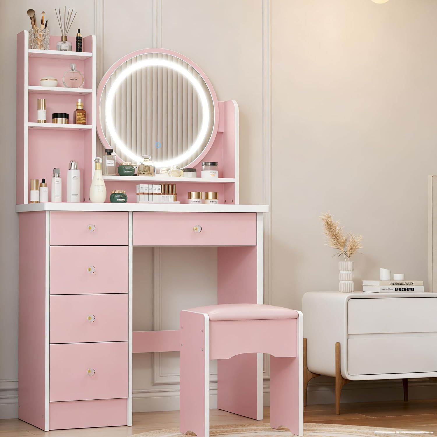 FUFU&GAGA Pink Vanity Set with Round Lighted Mirror, Makeup Vanity Bedroom Dressing Table with 5 Drawers, Shelves, Dresser Desk and Cushioned Stool