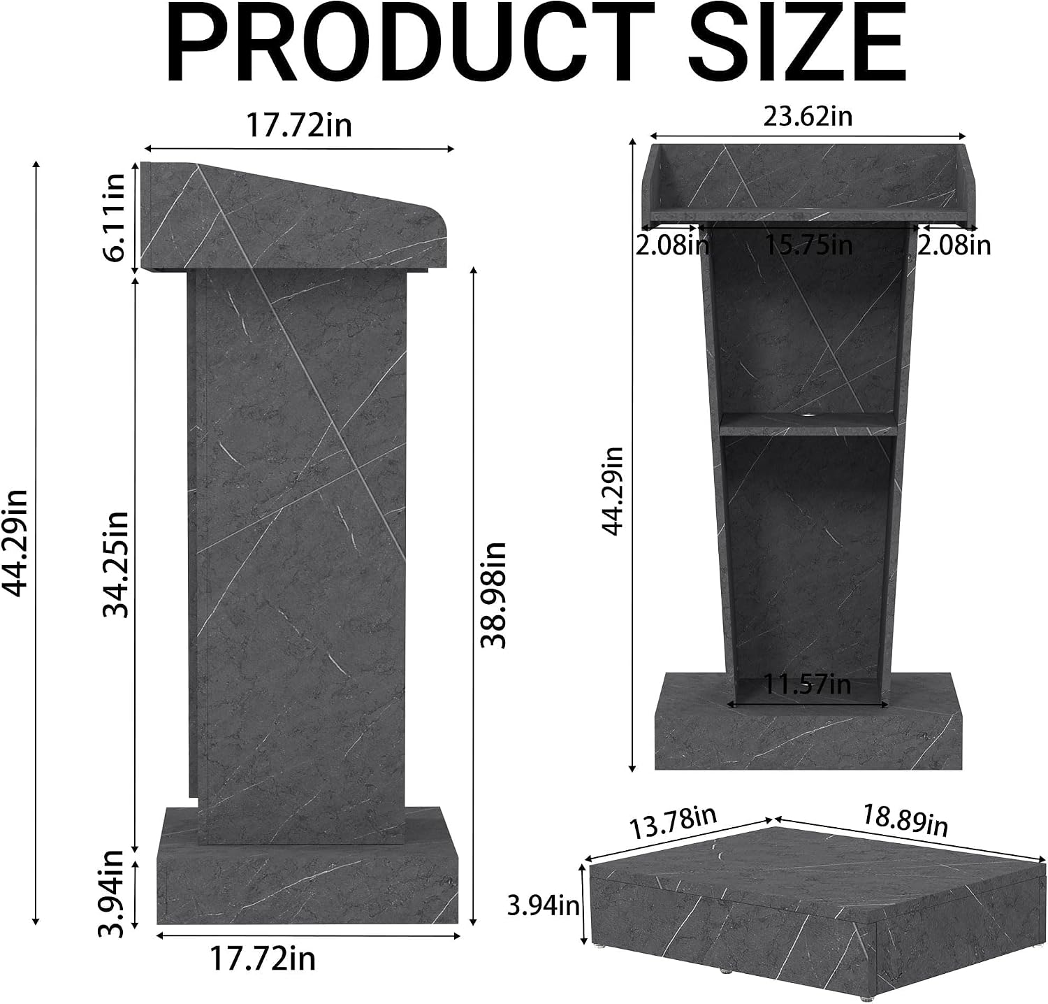 Wooden Podium Stand with Footrest, Rolling Lectern with Storage, Marble Texture Finish, 23.6' Desktop, Built-in Cable Holes, Sturdy Base, Mobile Pulpit for Churches, Conferences & Offices