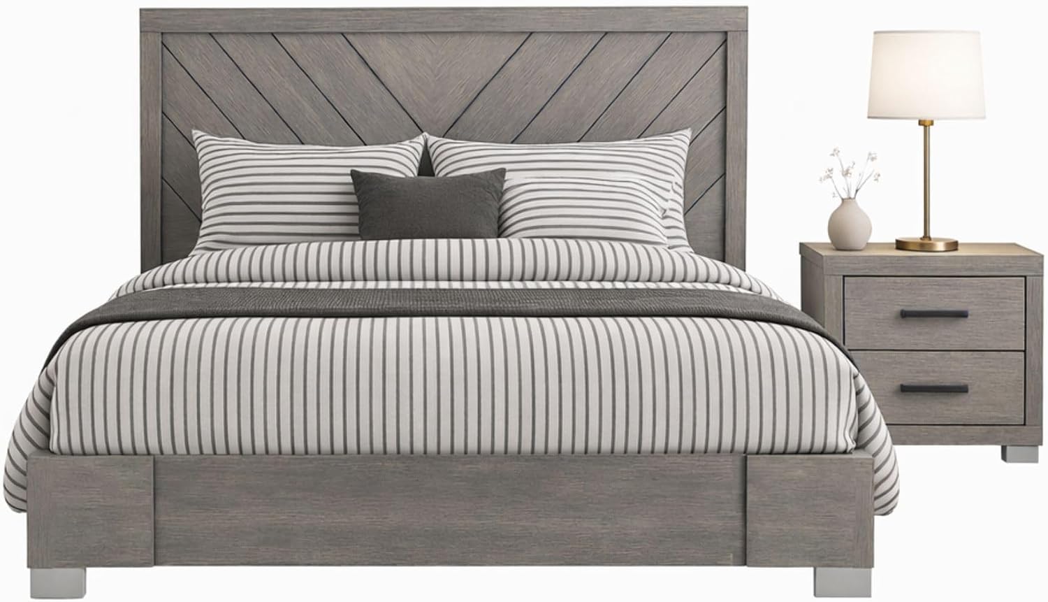 Kings Brand Furniture 2-Piece Oak Gray with Chrome Legs Bedroom Set – Wood Bed Frame and 1 Night Stand (King)